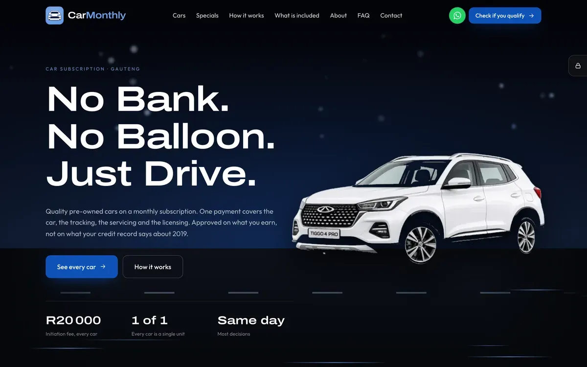 The CarMonthly website: a car subscription landing page for Gauteng, with no bank and no balloon payment.