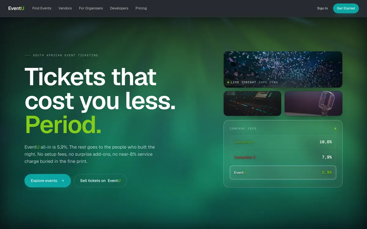 The EventU website: a South African event ticketing platform.