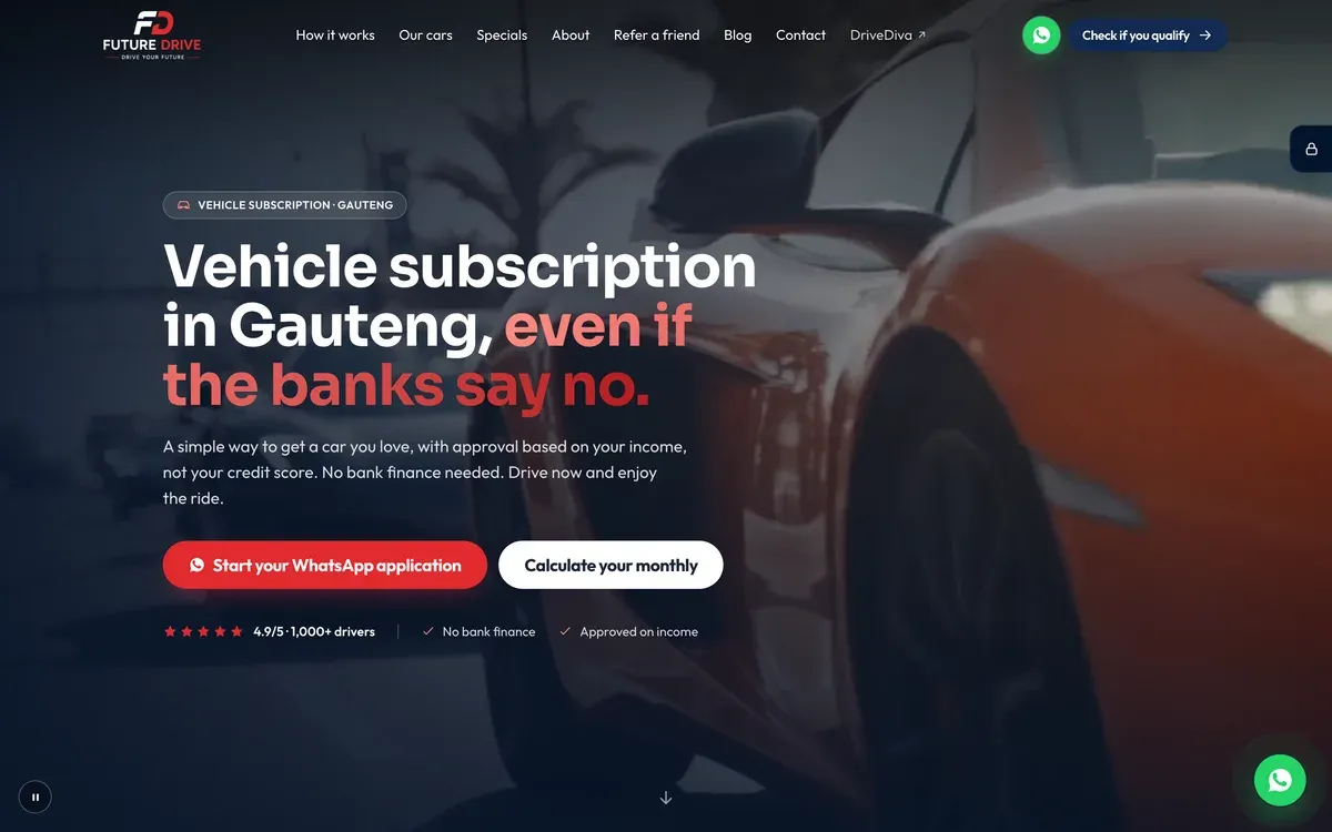 The Future Drive website: a rent-to-buy car finance landing page.