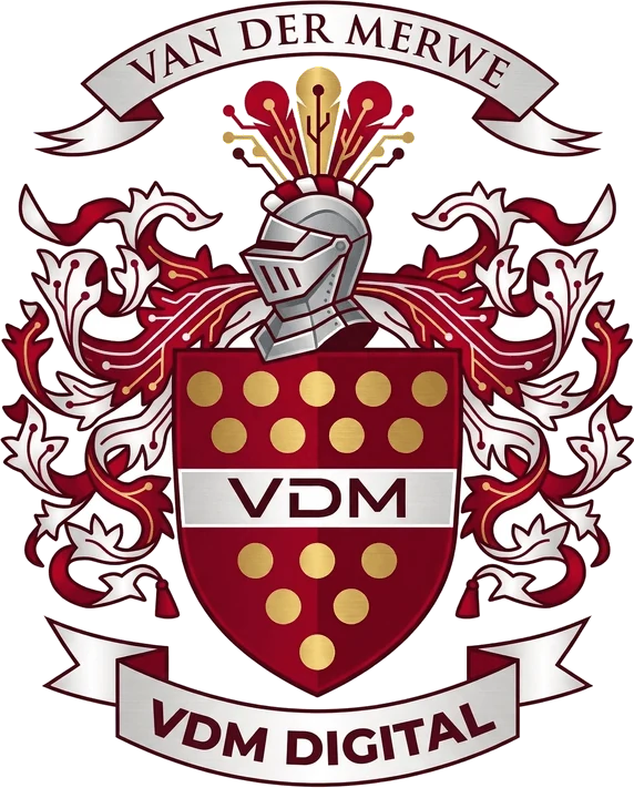 The VDM Digital crest: a maroon shield with gold bezants beneath a knight's helm, banners reading VAN DER MERWE above and VDM DIGITAL below.